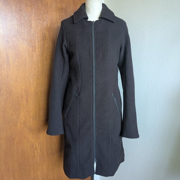 Ibex Wool Coat Peacoat Jacket Silk Long Brown Full Zip Small - Picture 2 of 13